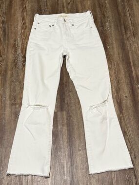 Madewell Cali Demi Boot Jeans Women's 25 Busted Knees in Pure White Wash Denim